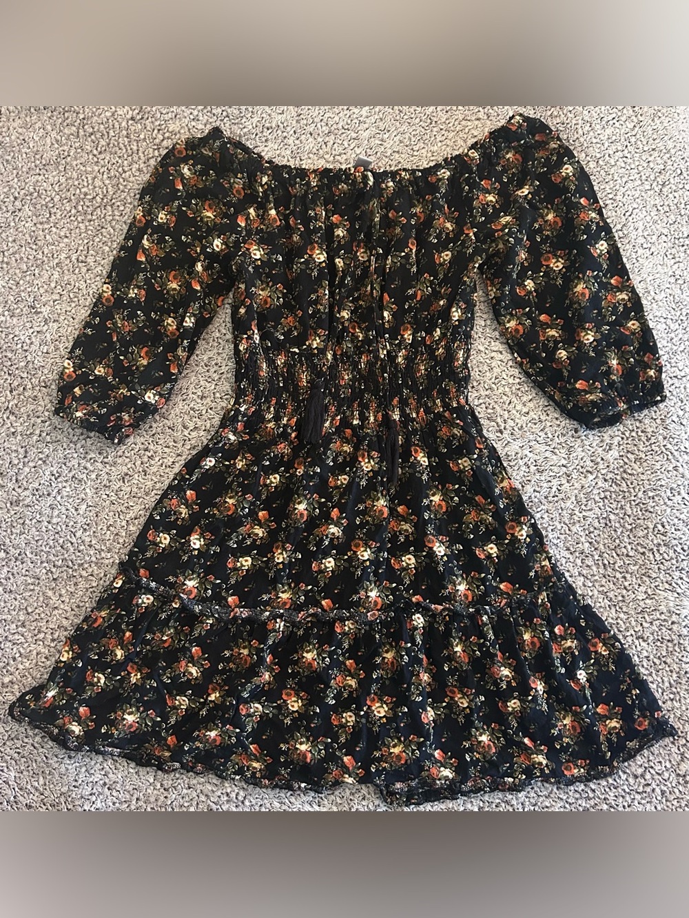 Istily Black Floral Boho Smocked Peasant Dress Juniors S